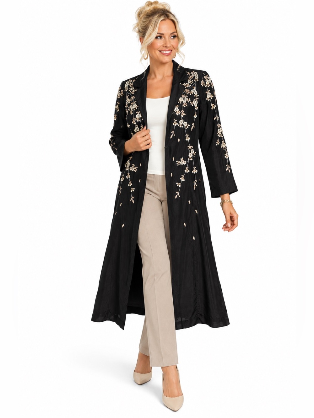 Karen Kane Uptown Girl 100% Duster Size S Black Silk Embroidered Habutai NWT